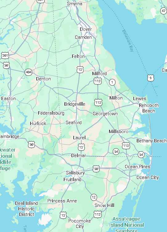 Map of the service area from Pocomoke, Maryland to Smyrna, Delaware, including the Atlantic beach towns